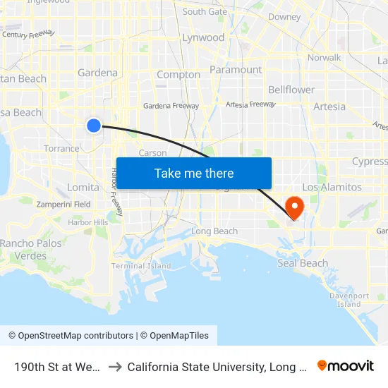 190th St at Western Av to California State University, Long Beach (CSULB) map