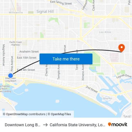 Downtown Long Beach Station to California State University, Long Beach (CSULB) map