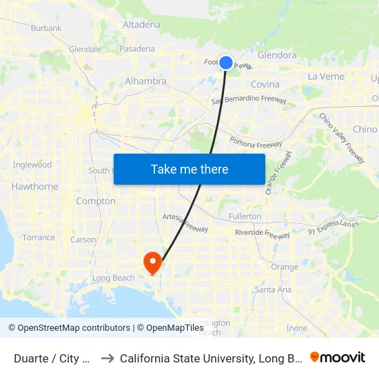 Duarte / City of Hope to California State University, Long Beach (CSULB) map
