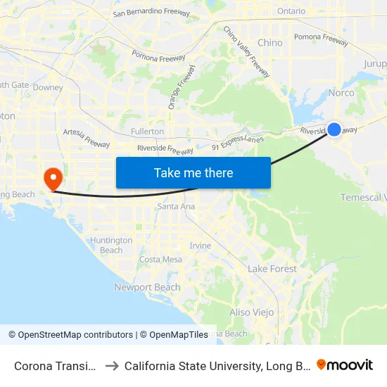 Corona Transit Center to California State University, Long Beach (CSULB) map