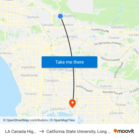 LA Canada High School to California State University, Long Beach (CSULB) map