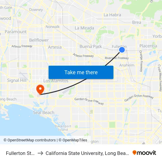 Fullerton Station to California State University, Long Beach (CSULB) map
