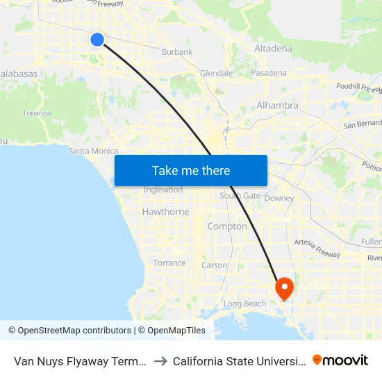 Van Nuys Flyaway Terminal - 7610 Woodley Ave to California State University, Long Beach (CSULB) map