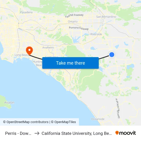 Perris - Downtown to California State University, Long Beach (CSULB) map