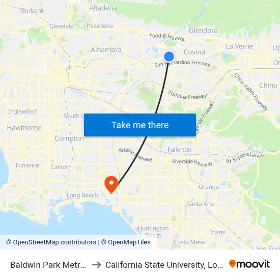 Baldwin Park Metrolink Station to California State University, Long Beach (CSULB) map