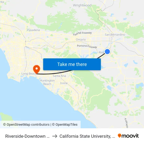 Riverside-Downtown Metrolink Station to California State University, Long Beach (CSULB) map