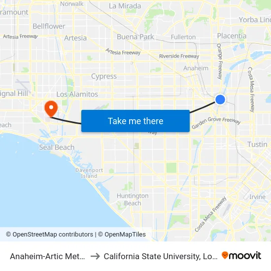 Anaheim-Artic Metrolink Station to California State University, Long Beach (CSULB) map