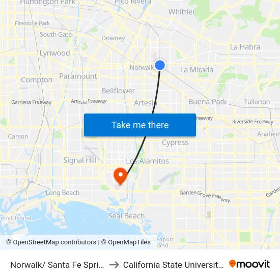 Norwalk/ Santa Fe Springs Metrolink Station to California State University, Long Beach (CSULB) map