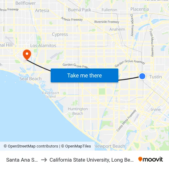 Santa Ana Station to California State University, Long Beach (CSULB) map