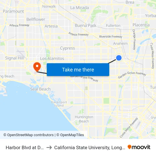 Harbor Blvd at Disneyland to California State University, Long Beach (CSULB) map