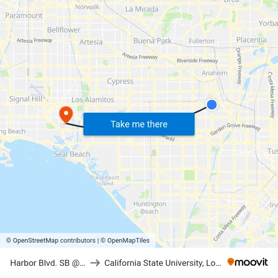 Harbor Blvd. SB @ Katella Ave. to California State University, Long Beach (CSULB) map