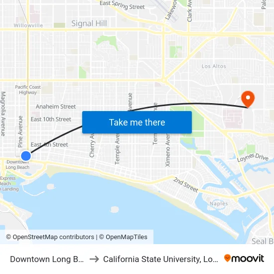 Downtown Long Beach Station to California State University, Long Beach (CSULB) map
