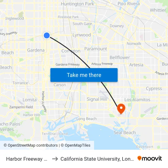 Harbor Freeway Bus Station to California State University, Long Beach (CSULB) map