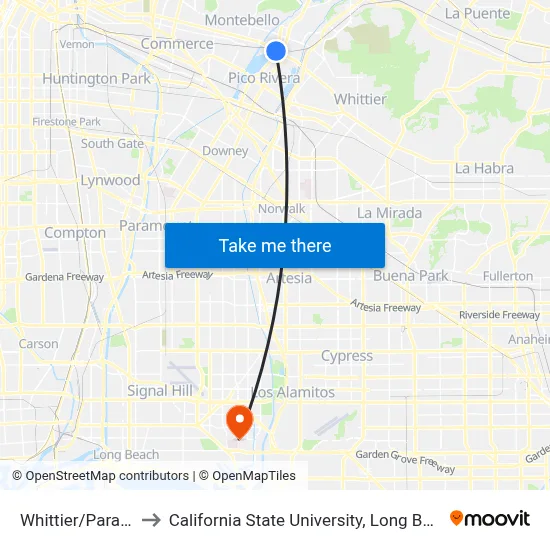 Whittier/Paramount to California State University, Long Beach (CSULB) map