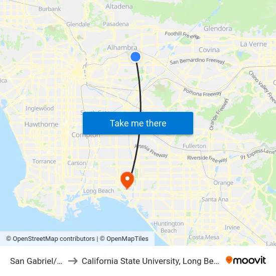 San Gabriel/Valley to California State University, Long Beach (CSULB) map