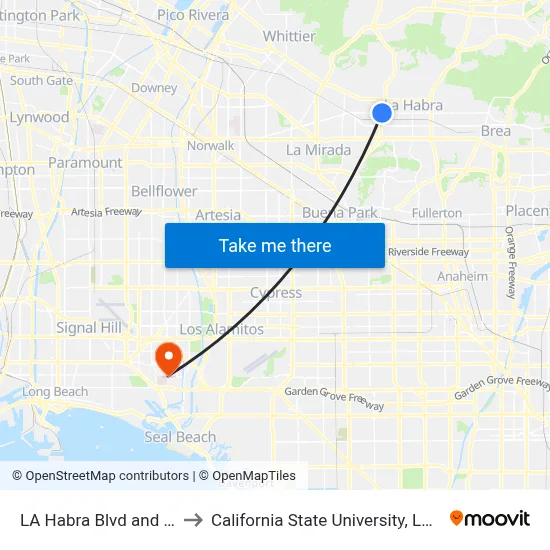 LA Habra Blvd and Beach Blvd S to California State University, Long Beach (CSULB) map