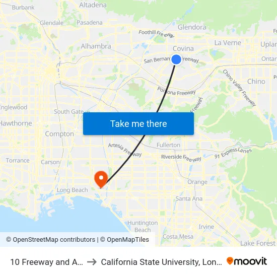 10 Freeway and Azusa Ave E to California State University, Long Beach (CSULB) map