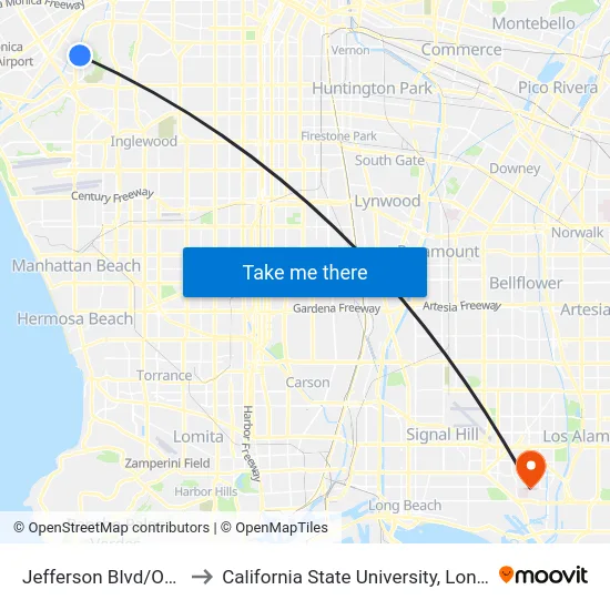 Jefferson Blvd/Overland Ave to California State University, Long Beach (CSULB) map