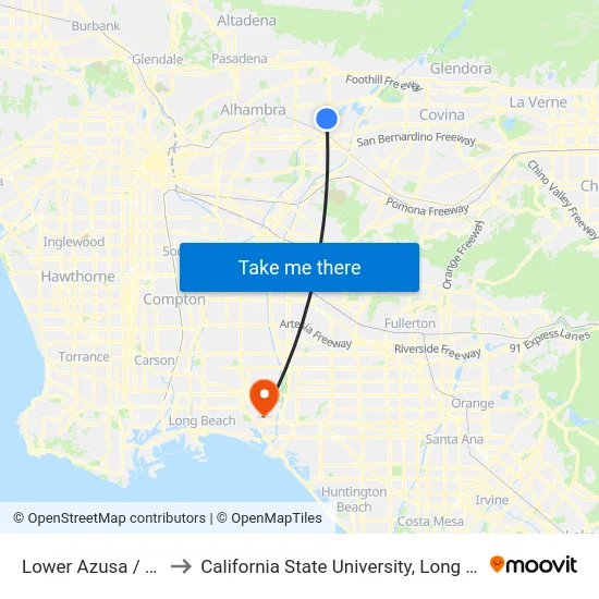 Lower Azusa / El Monte to California State University, Long Beach (CSULB) map