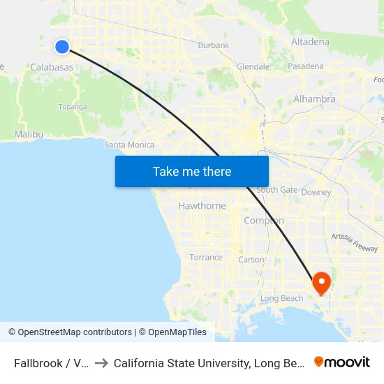 Fallbrook / Victory to California State University, Long Beach (CSULB) map