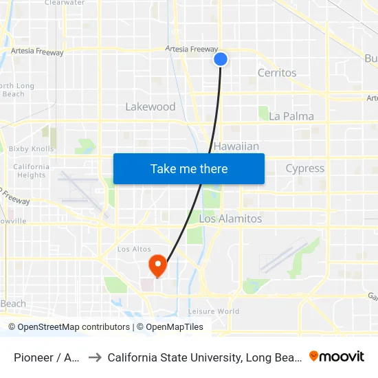 Pioneer / Artesia to California State University, Long Beach (CSULB) map