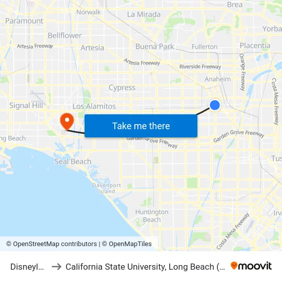 Disneyland to California State University, Long Beach (CSULB) map