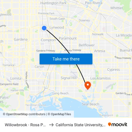 Willowbrook - Rosa Parks Station - West to California State University, Long Beach (CSULB) map