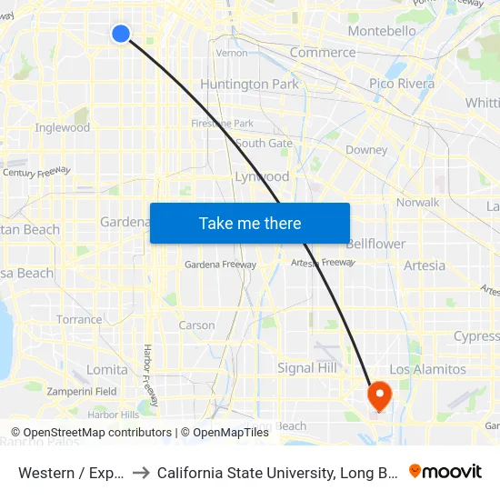 Western / Exposition to California State University, Long Beach (CSULB) map