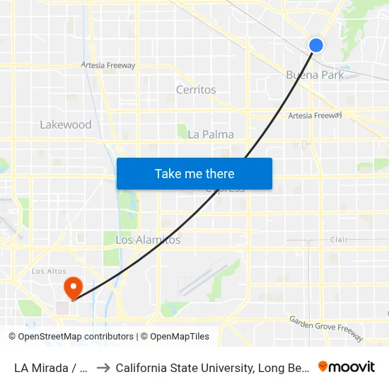 LA Mirada / Beach to California State University, Long Beach (CSULB) map
