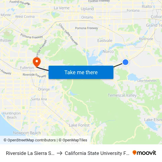 Riverside La Sierra Station to California State University Fullerton map
