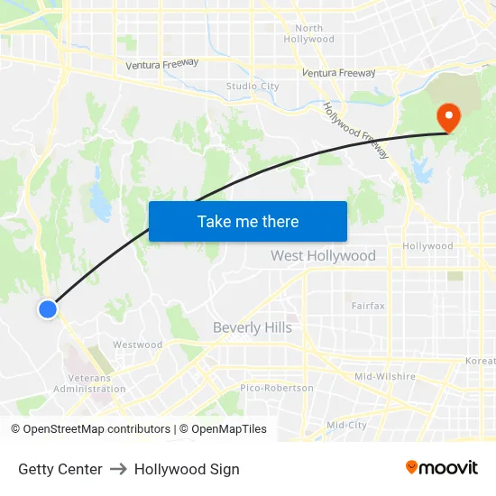 Getty Center to Hollywood Sign map