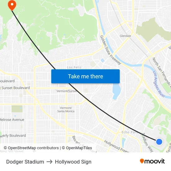 Dodger Stadium to Hollywood Sign map