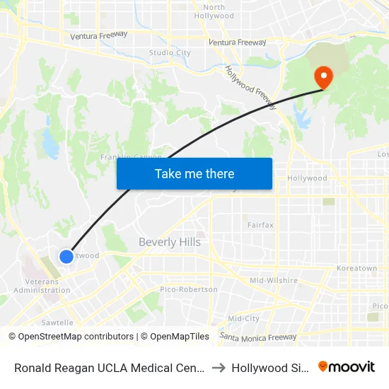 Ronald Reagan UCLA Medical Center to Hollywood Sign map