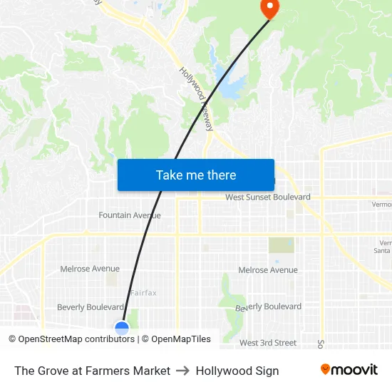 The Grove at Farmers Market to Hollywood Sign map