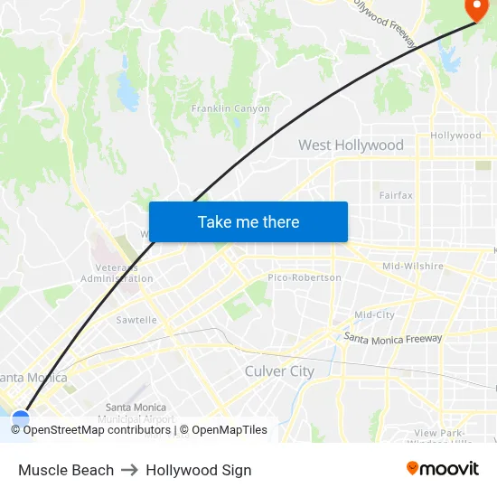 Muscle Beach to Hollywood Sign map