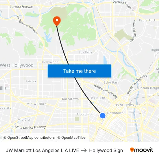 JW Marriott Los Angeles L A LIVE to Hollywood Sign map