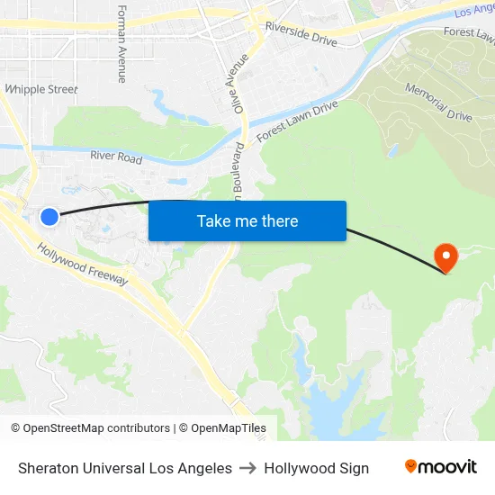 Sheraton Universal Los Angeles to Hollywood Sign map