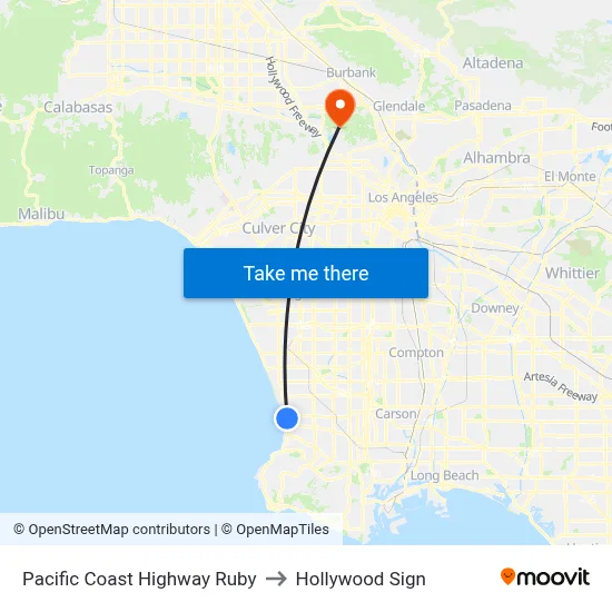 Pacific Coast Highway Ruby to Hollywood Sign map