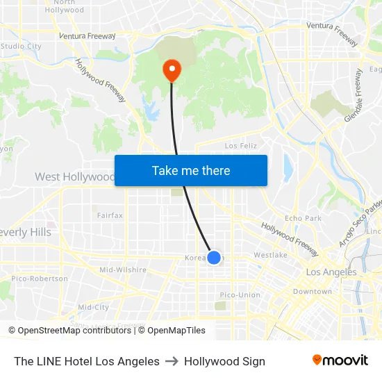 The LINE Hotel Los Angeles to Hollywood Sign map