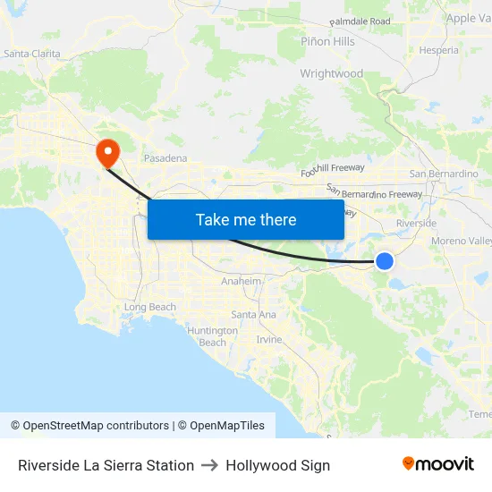 Riverside La Sierra Station to Hollywood Sign map