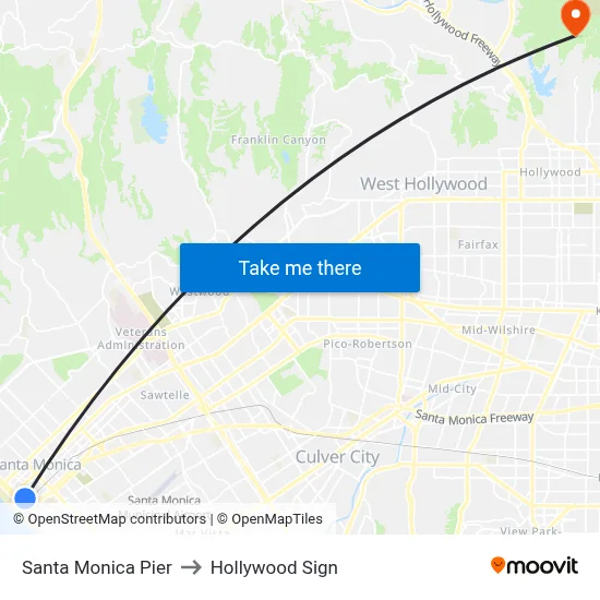 Santa Monica Pier to Hollywood Sign map
