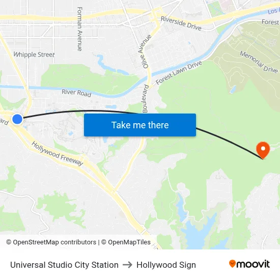 Universal Studio City Station to Hollywood Sign map