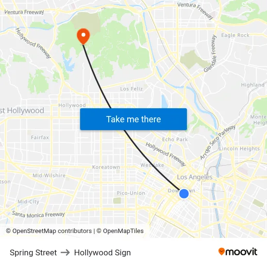 Spring Street to Hollywood Sign map