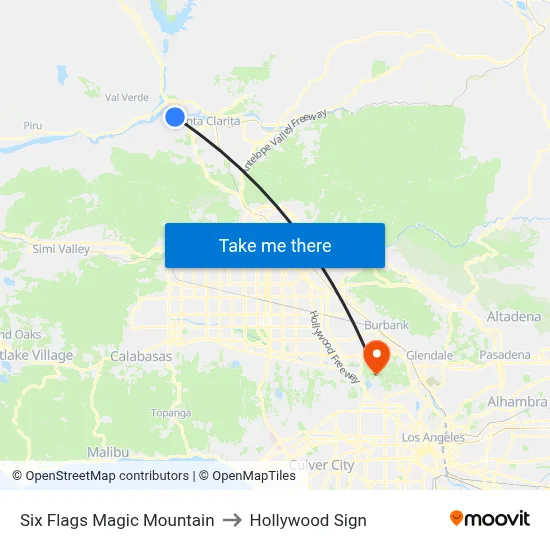 Six Flags Magic Mountain to Hollywood Sign map