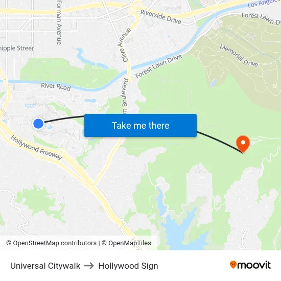 Universal Citywalk to Hollywood Sign map