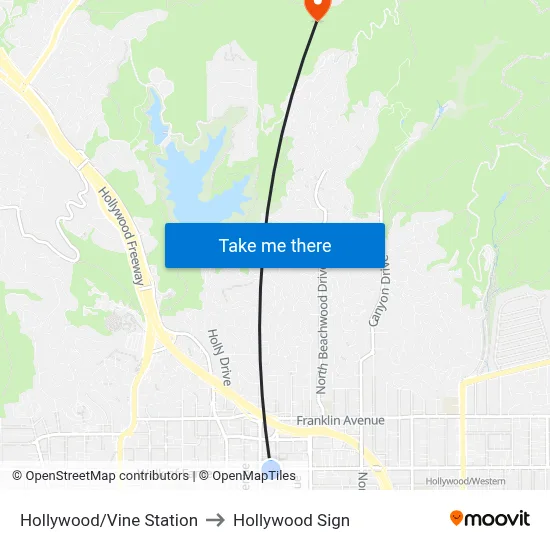 Hollywood/Vine Station to Hollywood Sign map