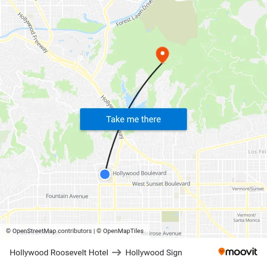 Hollywood Roosevelt Hotel to Hollywood Sign map