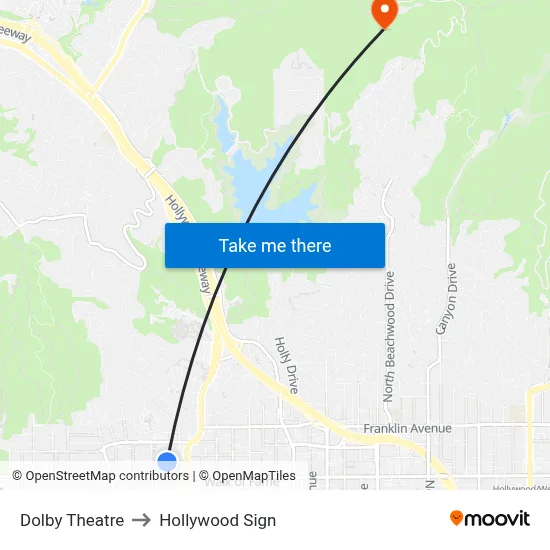 Dolby Theatre to Hollywood Sign map