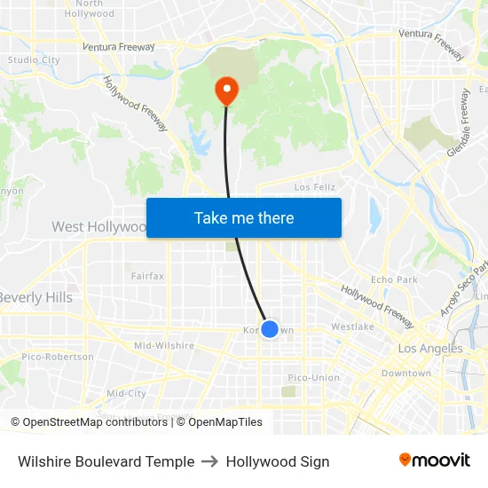 Wilshire Boulevard Temple to Hollywood Sign map