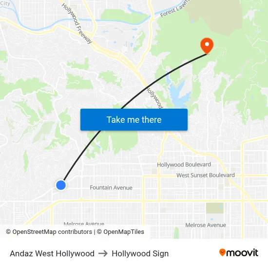Andaz West Hollywood to Hollywood Sign map
